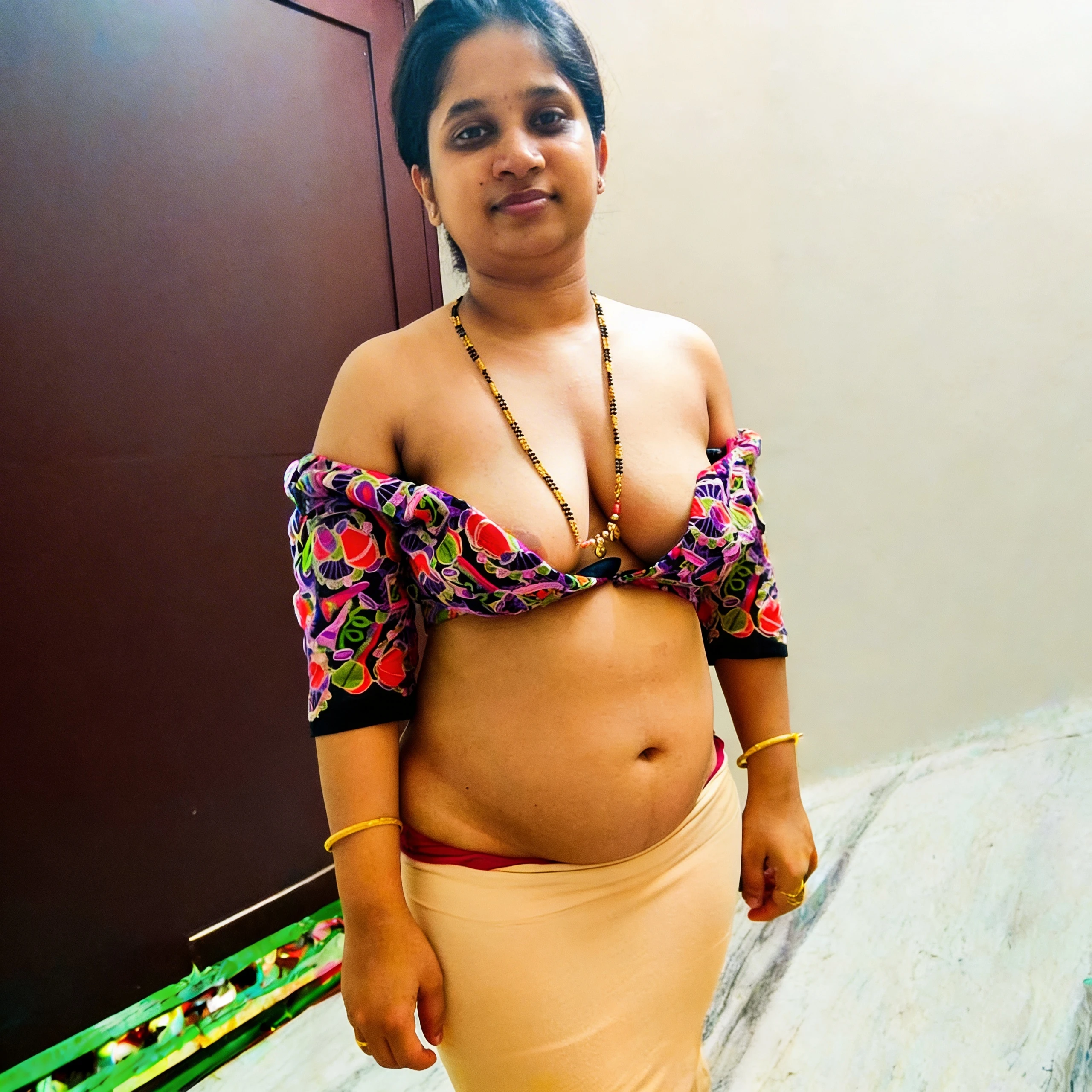 Desi wife removing her braless floral blouse partially and showing most of her naked boobs