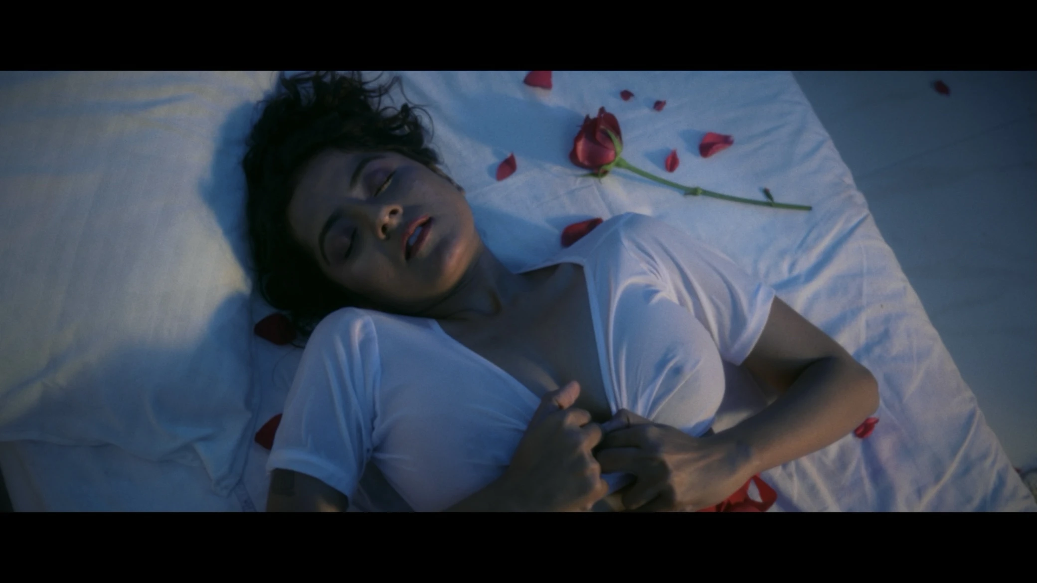 Desi lady lying on a bed with rose petals and showing her big boobs and nipples through a thin white tops