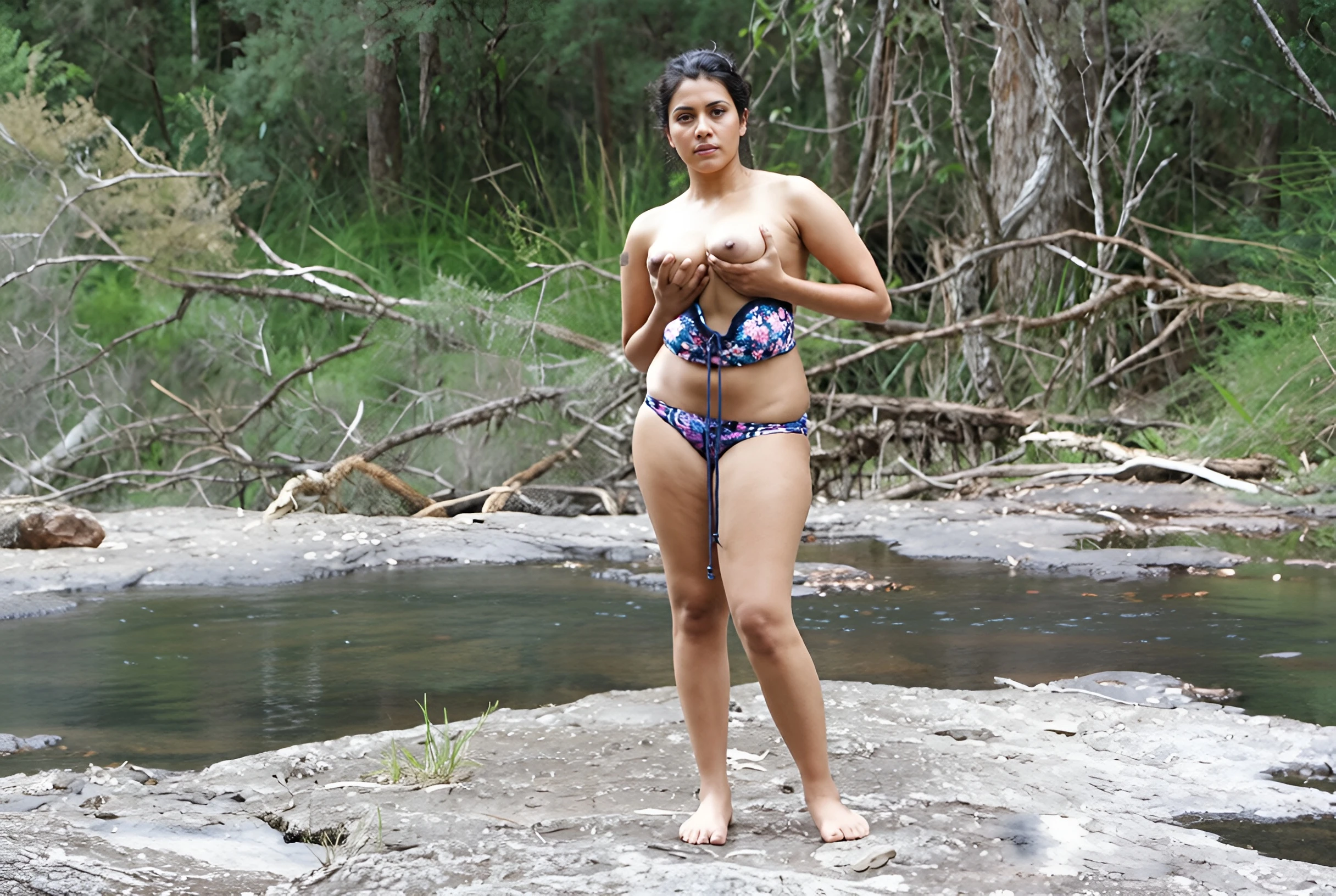 Exquisite topless Desi MILF tantalizes with her big breasts by opening her bikini tops near a brook