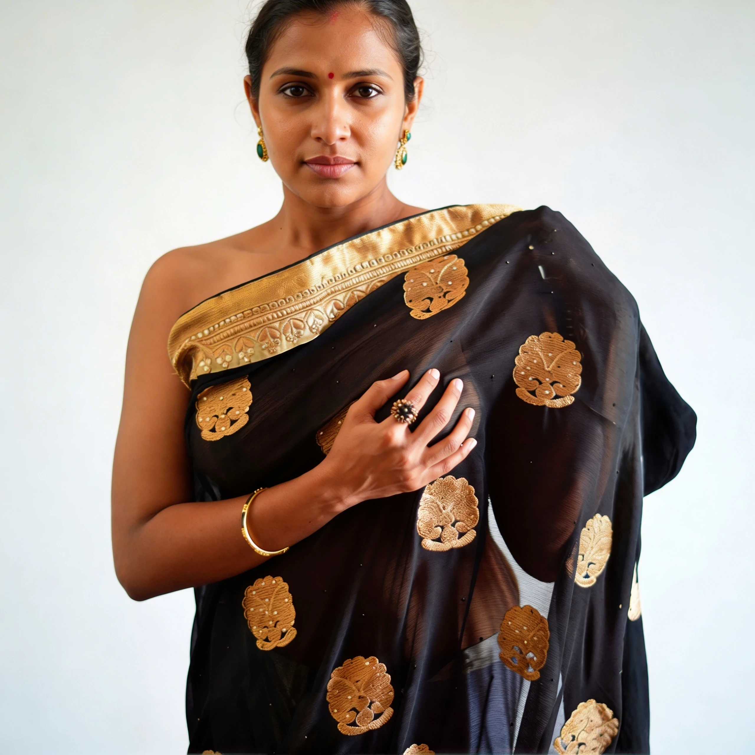 Exquisite Desi MILF beauty tantalizes with her big boobs in a braless black silk saree