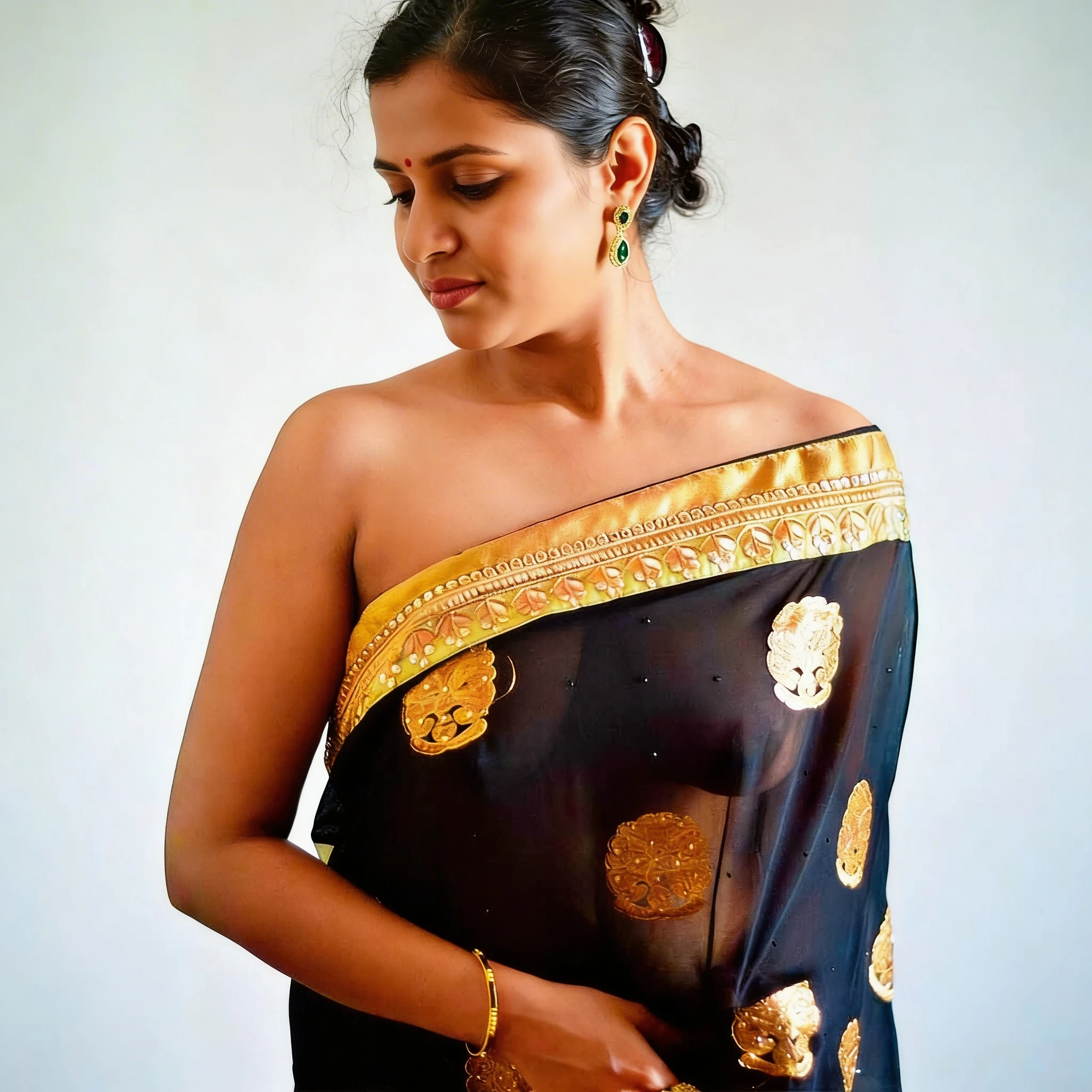 Exquisite Desi MILF beauty tantalizes by showing glimpses of her big boobs inside a braless black silk saree