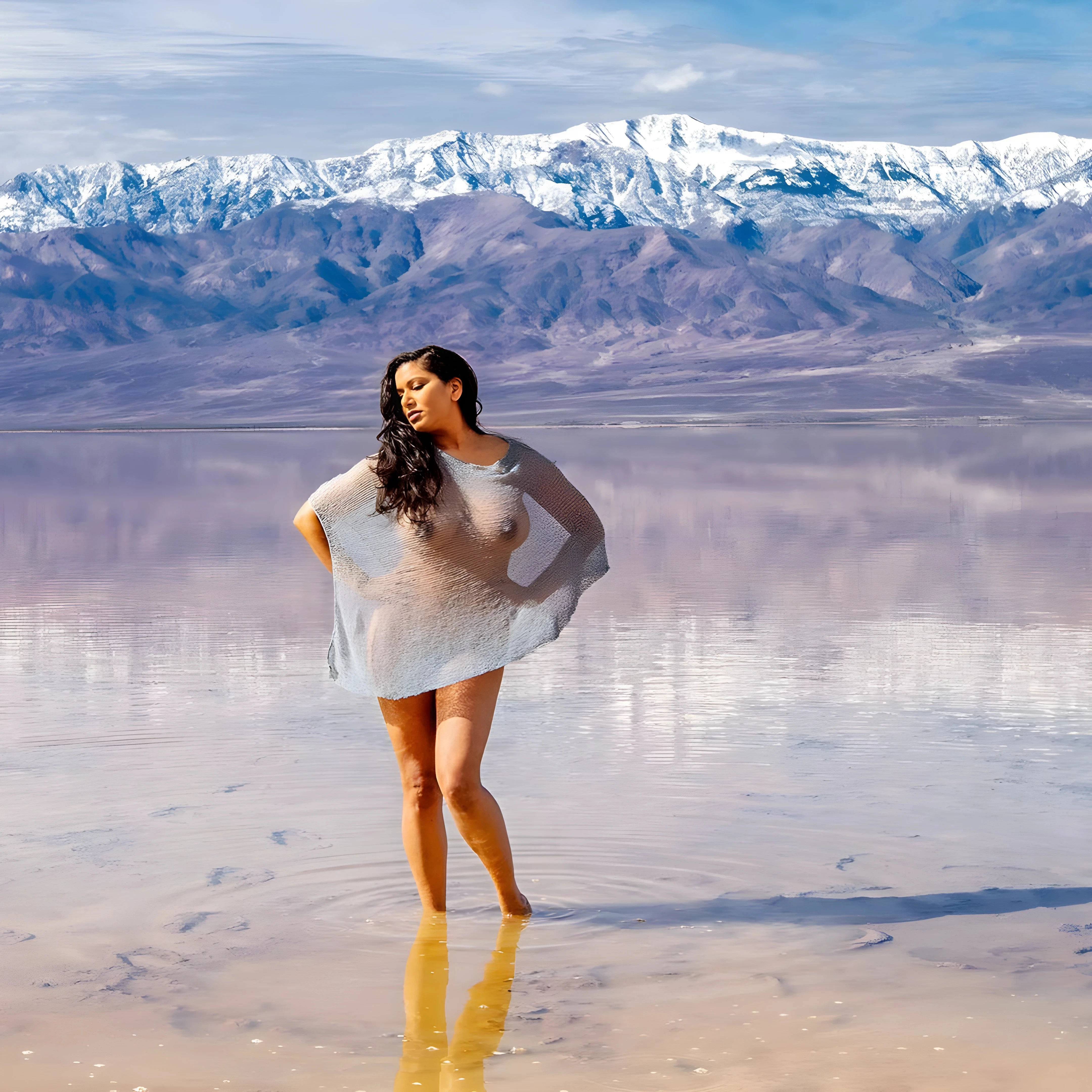 Desi model standing on ankle deep water wearing just a thin transparent cloth with mountains behind her