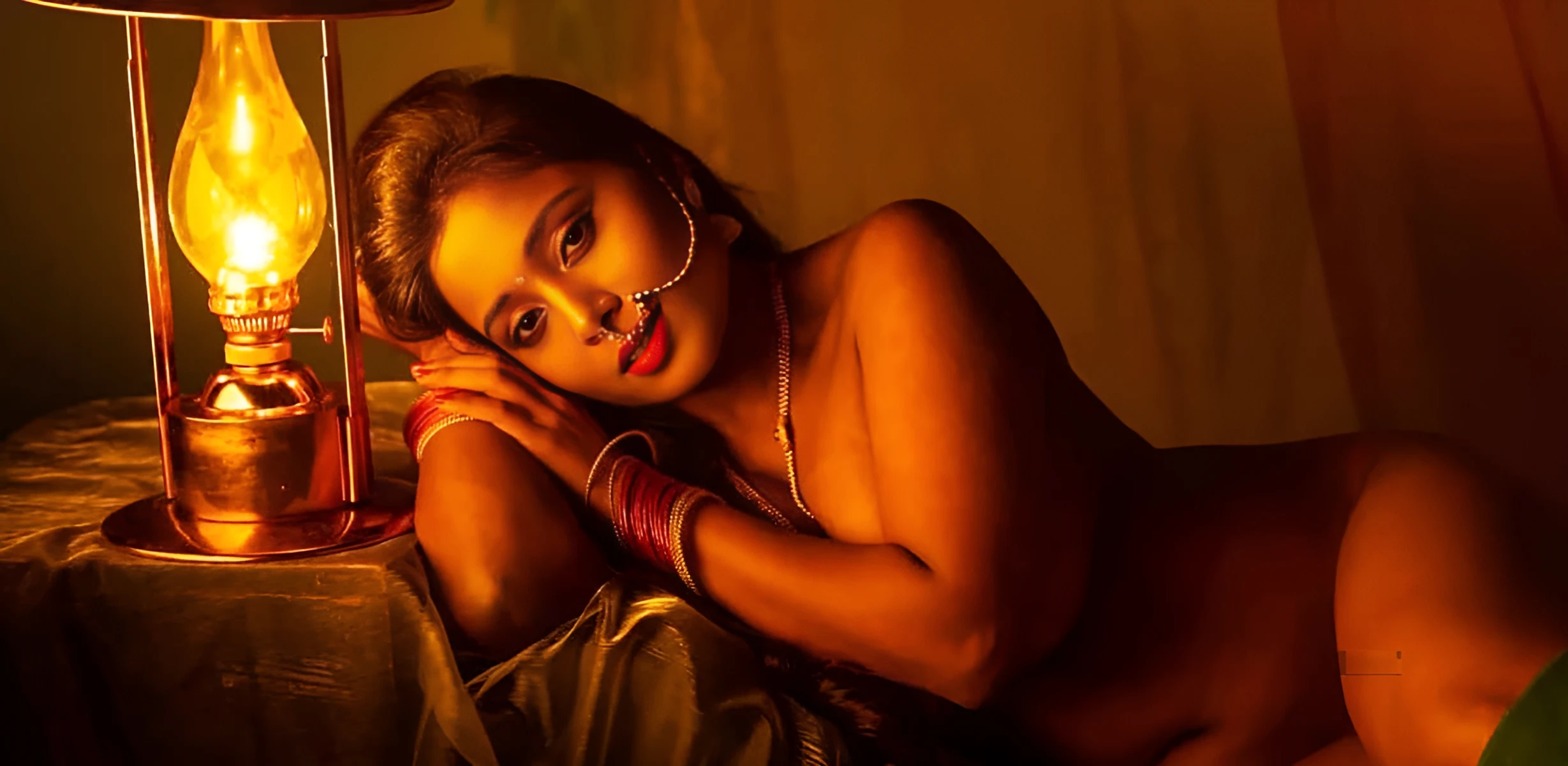 Desi Model posing nude wearing jewellery and lying beside a lantern