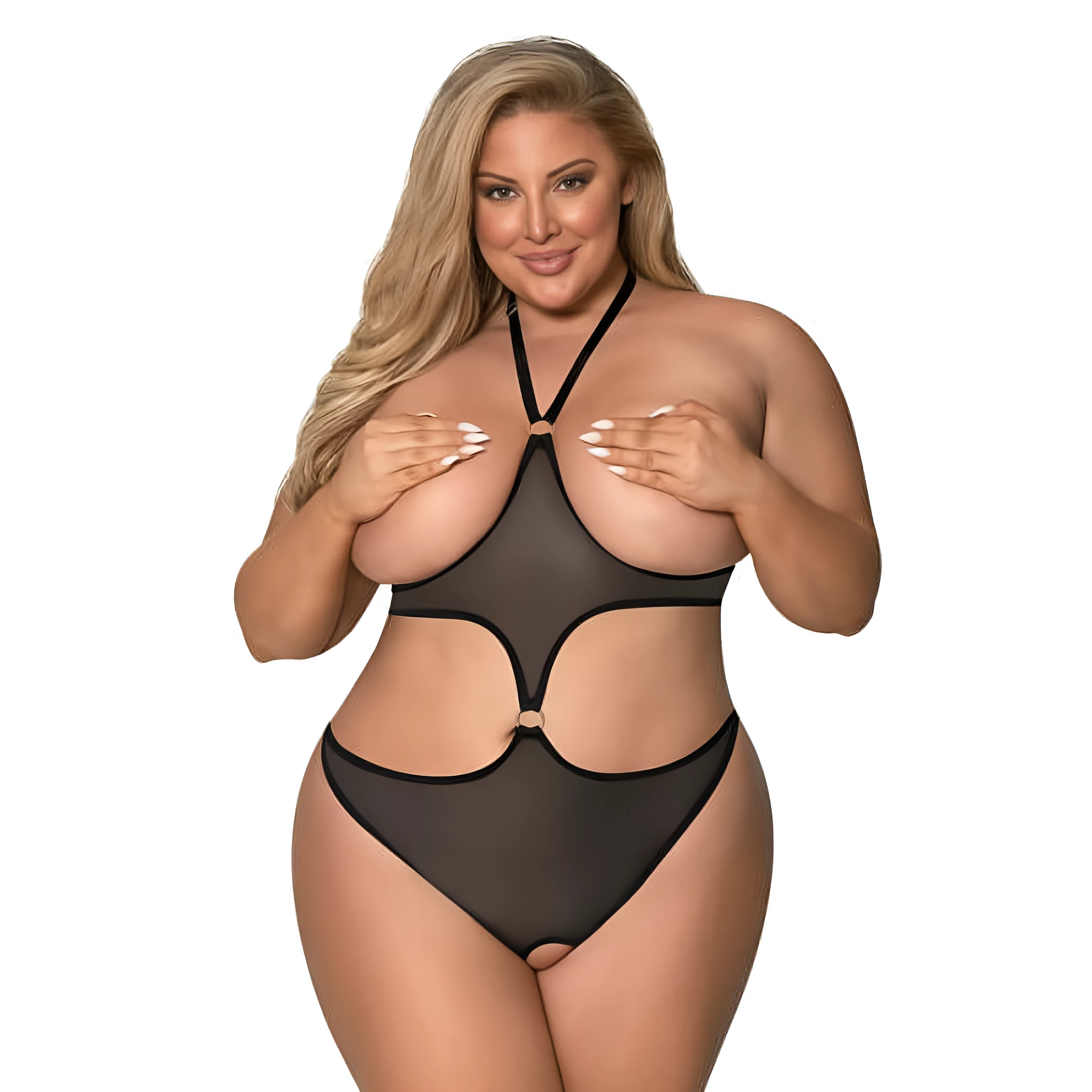 MILF model wearing a cupless black lingerie and cupping and hiding her naked huge boobs
