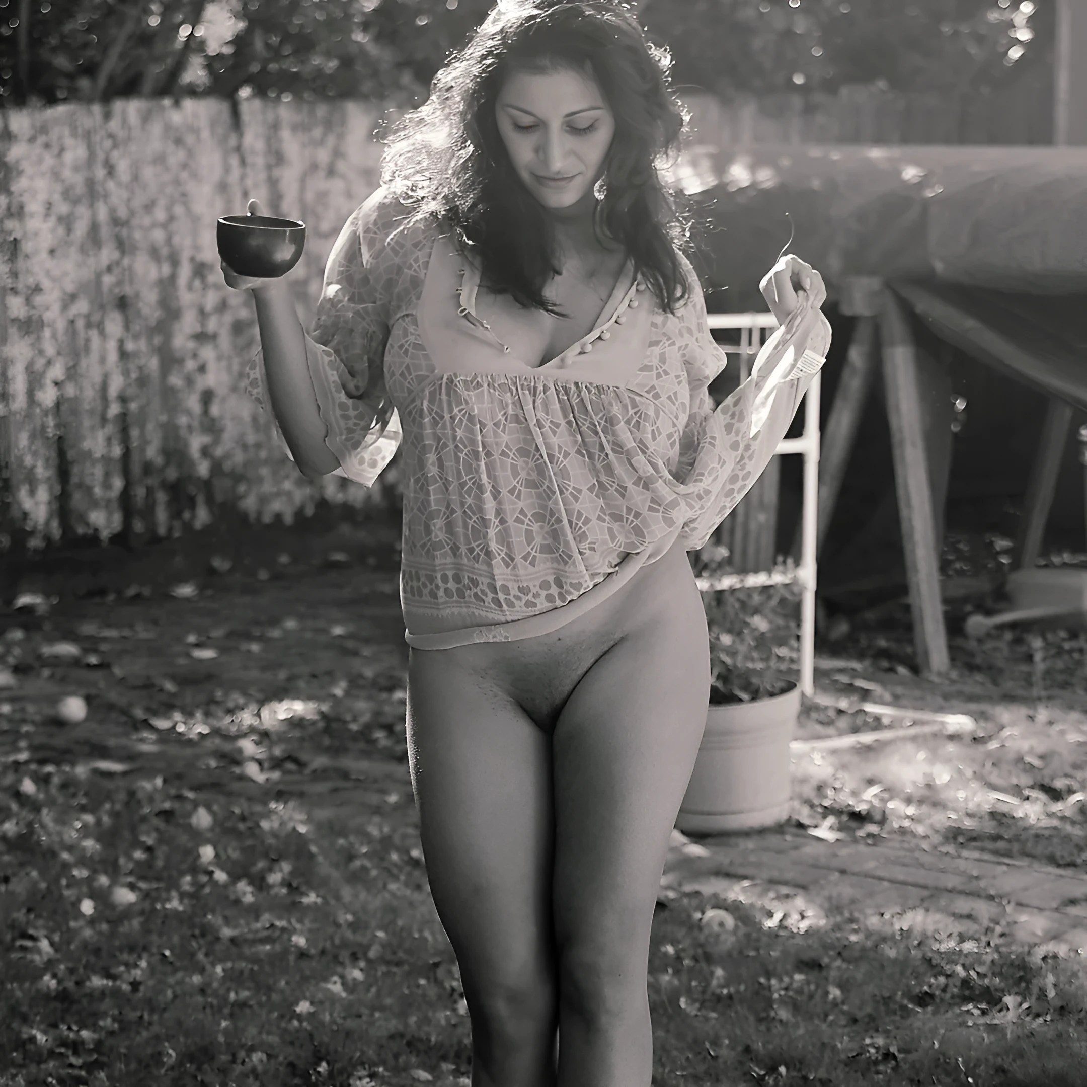 Desi model posing bottomless showing her clean shaved pussy while lifting her short dress in outdoor while holding a cup