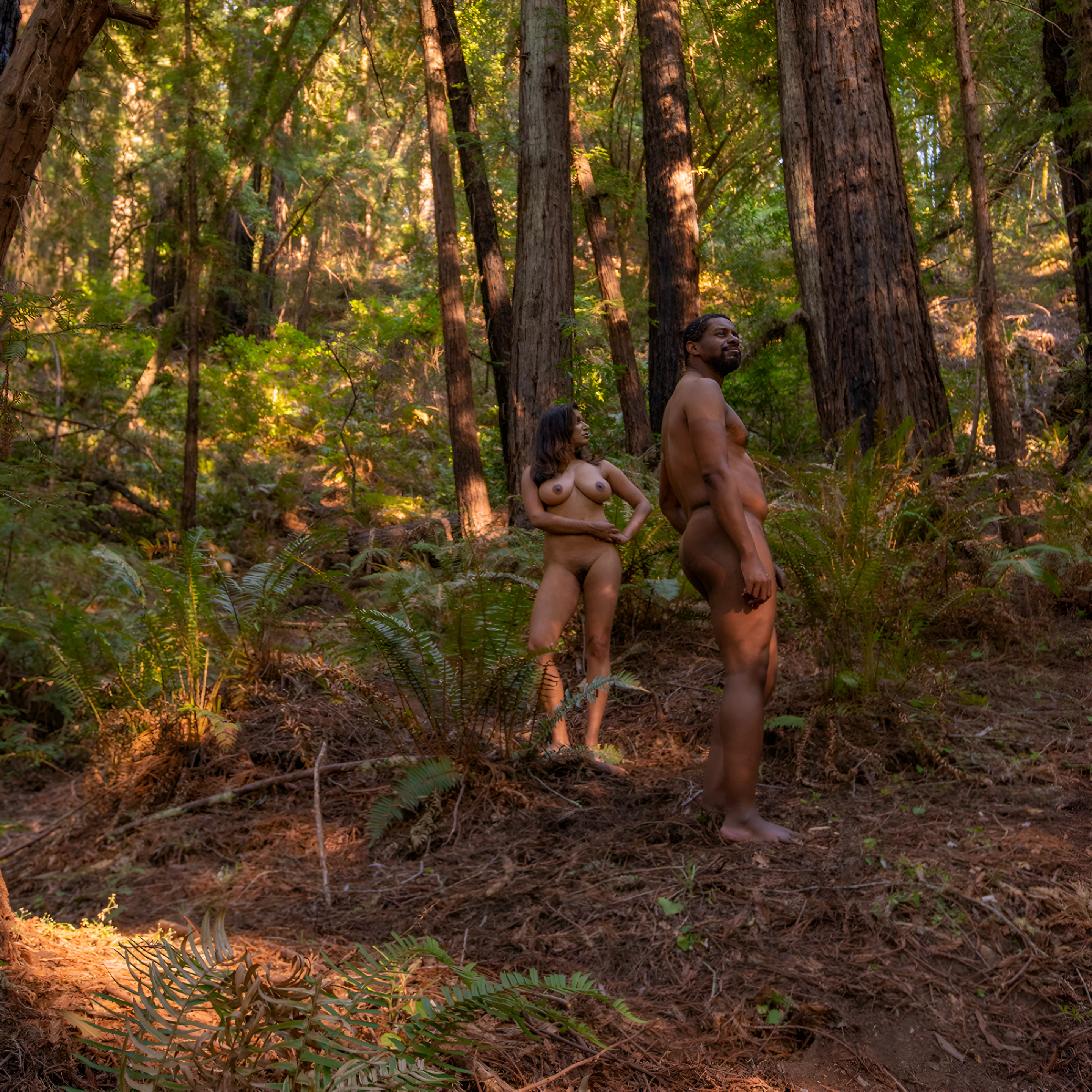 Naked Desi model posing in a forest with a naked male model and showing her boobs and pussy