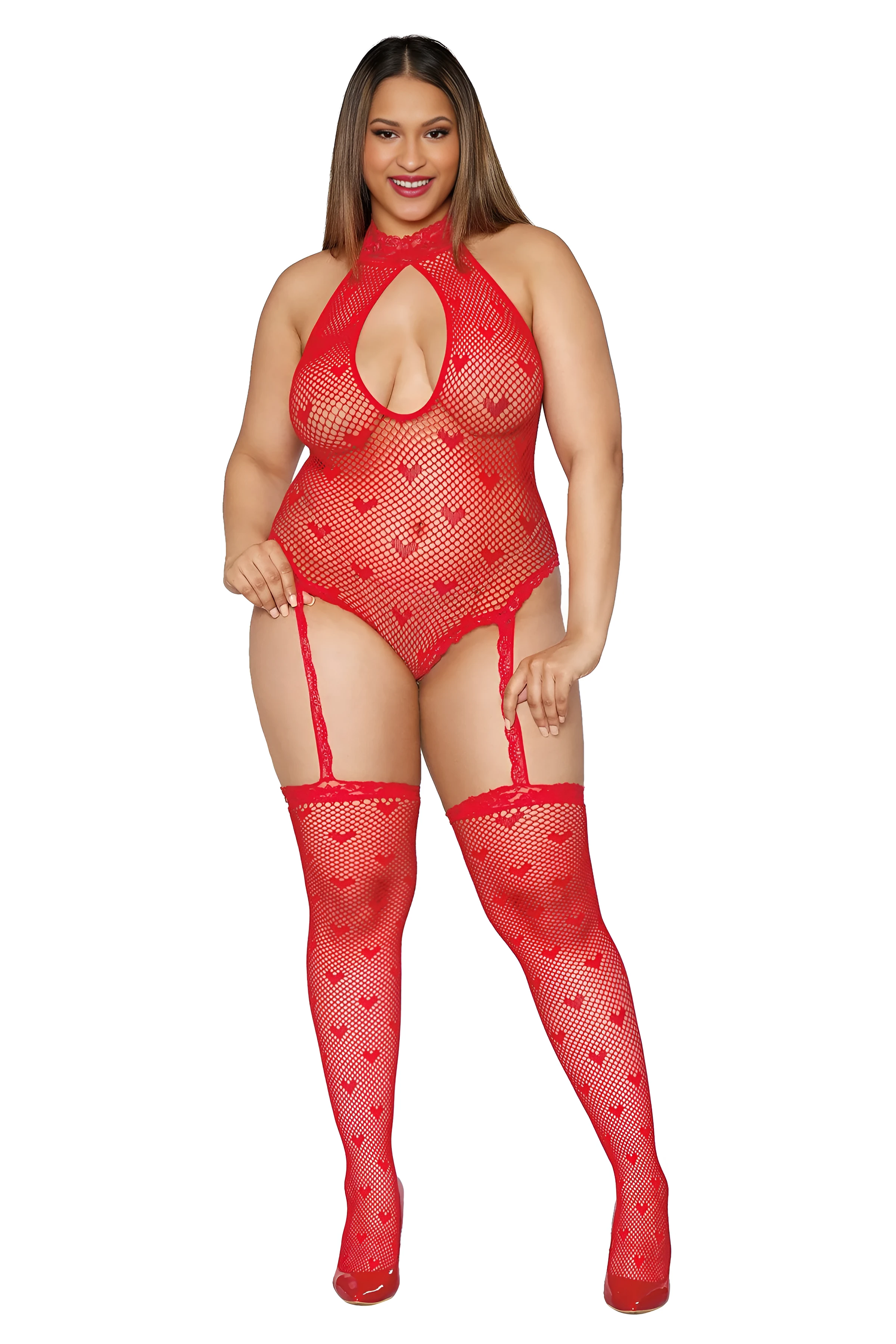 MILF model shows her big tits through a seamless heart red fishnet teddy bodystocking
