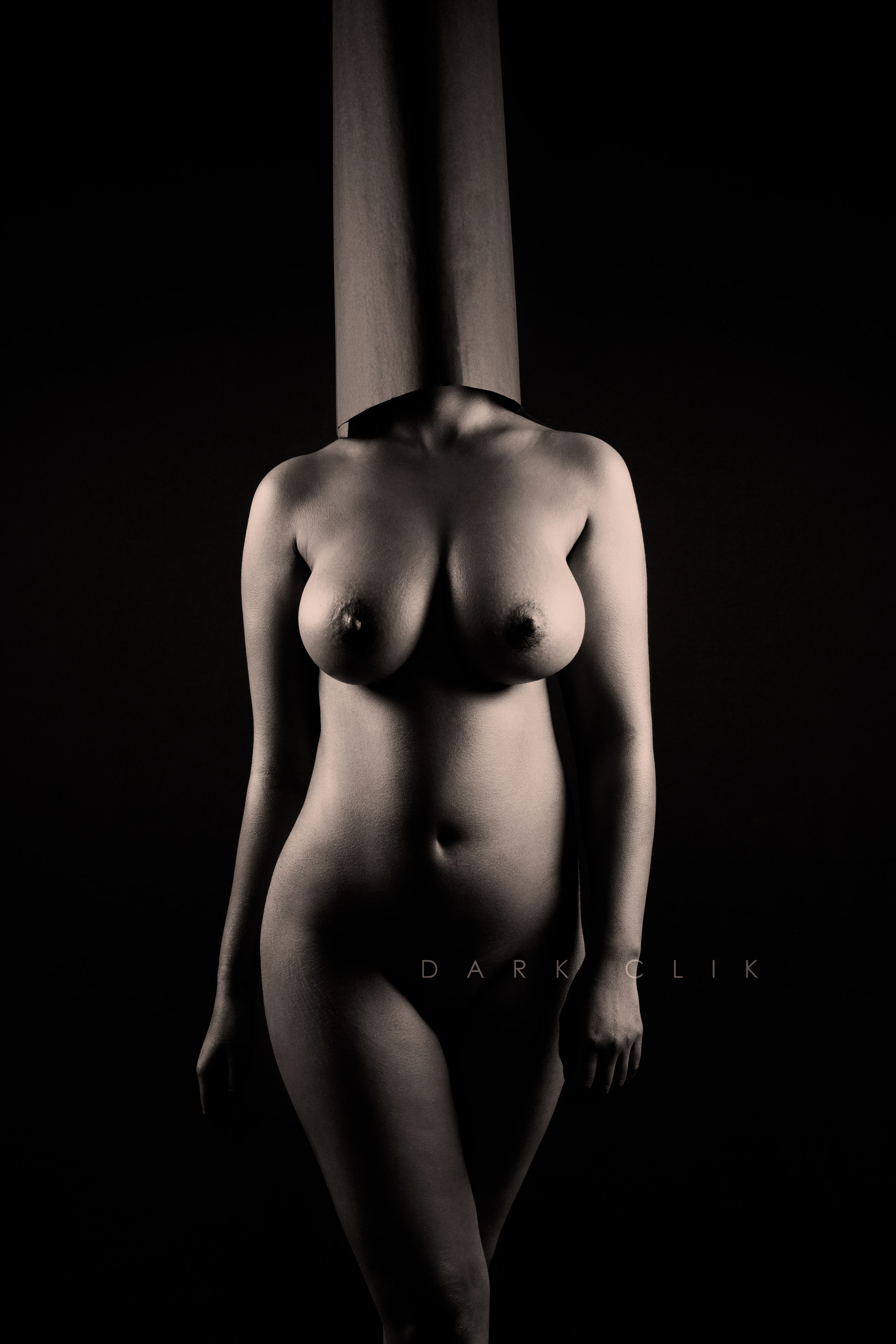 Busty Desi MILF babe posing naked with a paper bag covering her face and showing her big boobs and undressed muff