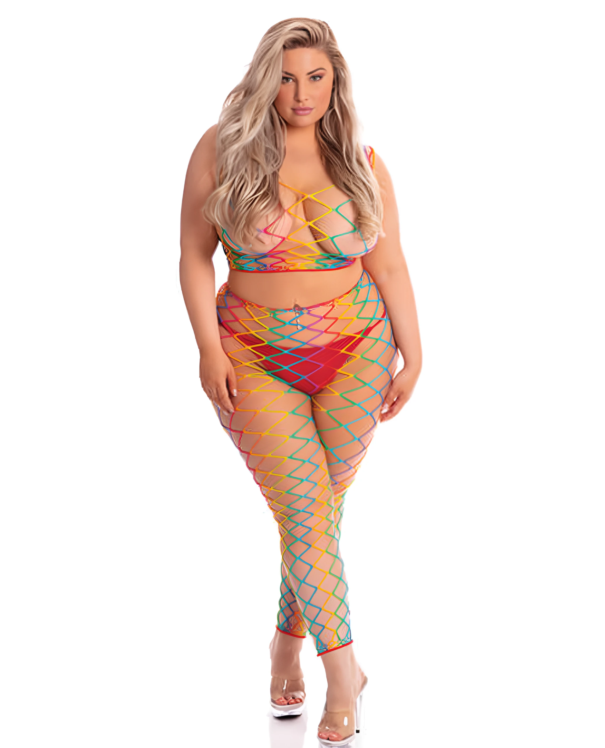 Ashley Alexiss wearing a pink lipstick queen rainbow net leggings and cami and showing her huge boobs