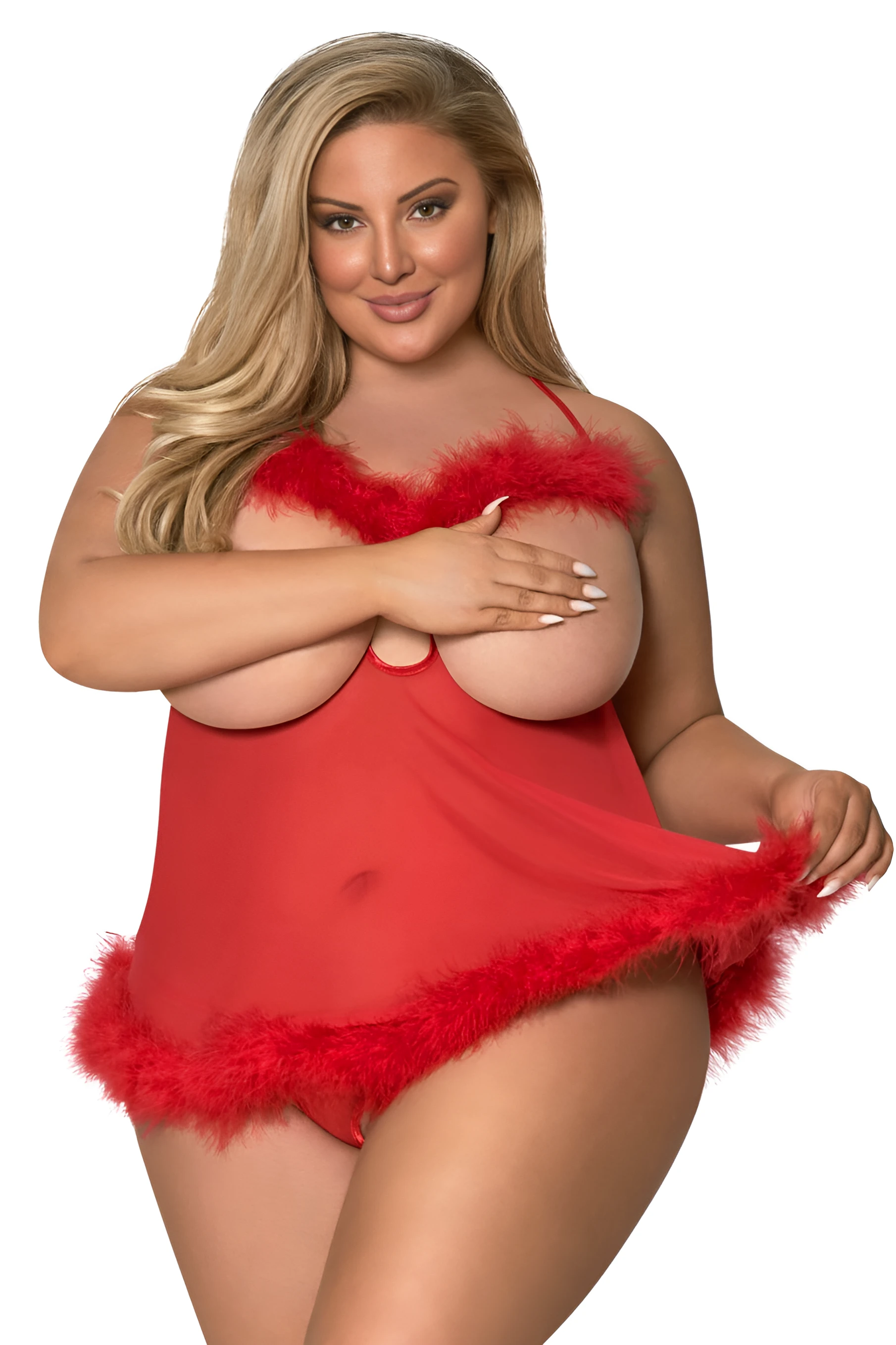 BBW model wearing a sexy red cupless and crotchless baby doll set and hiding her huge tits