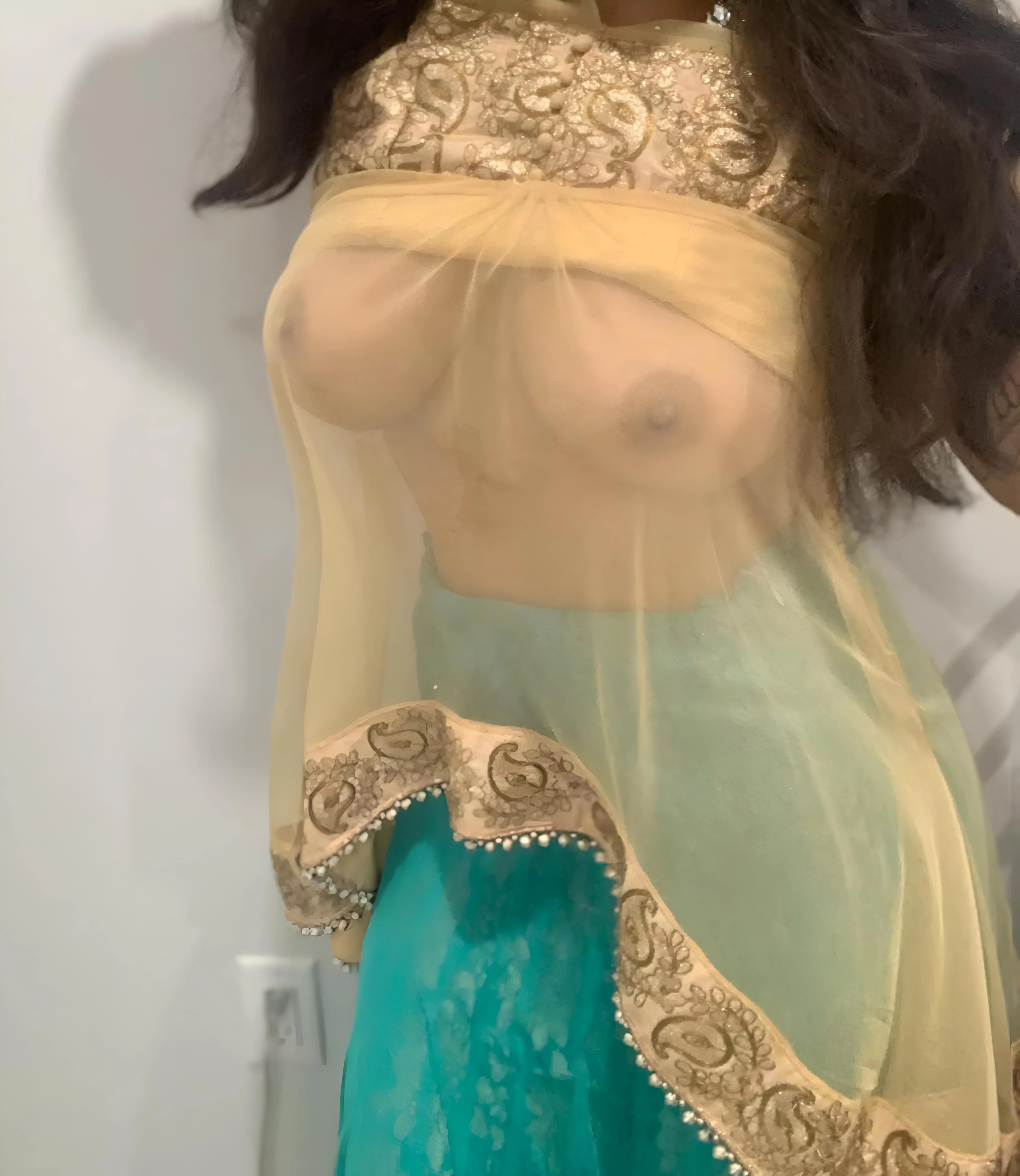 Exotic beauty teases in a traditional Indian outfit, her sheer fabric revealing her nipples and curves, a fucking masterpiece of sensuality and allure.