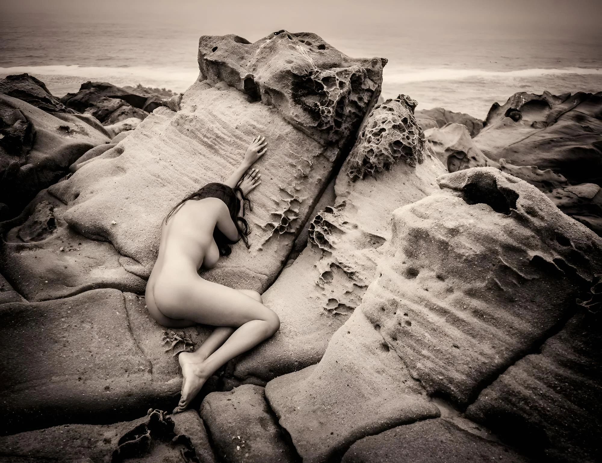 Dakini reclining nude on coastal rocks, baring her massive 36F natural tits and ass in monochrome glory