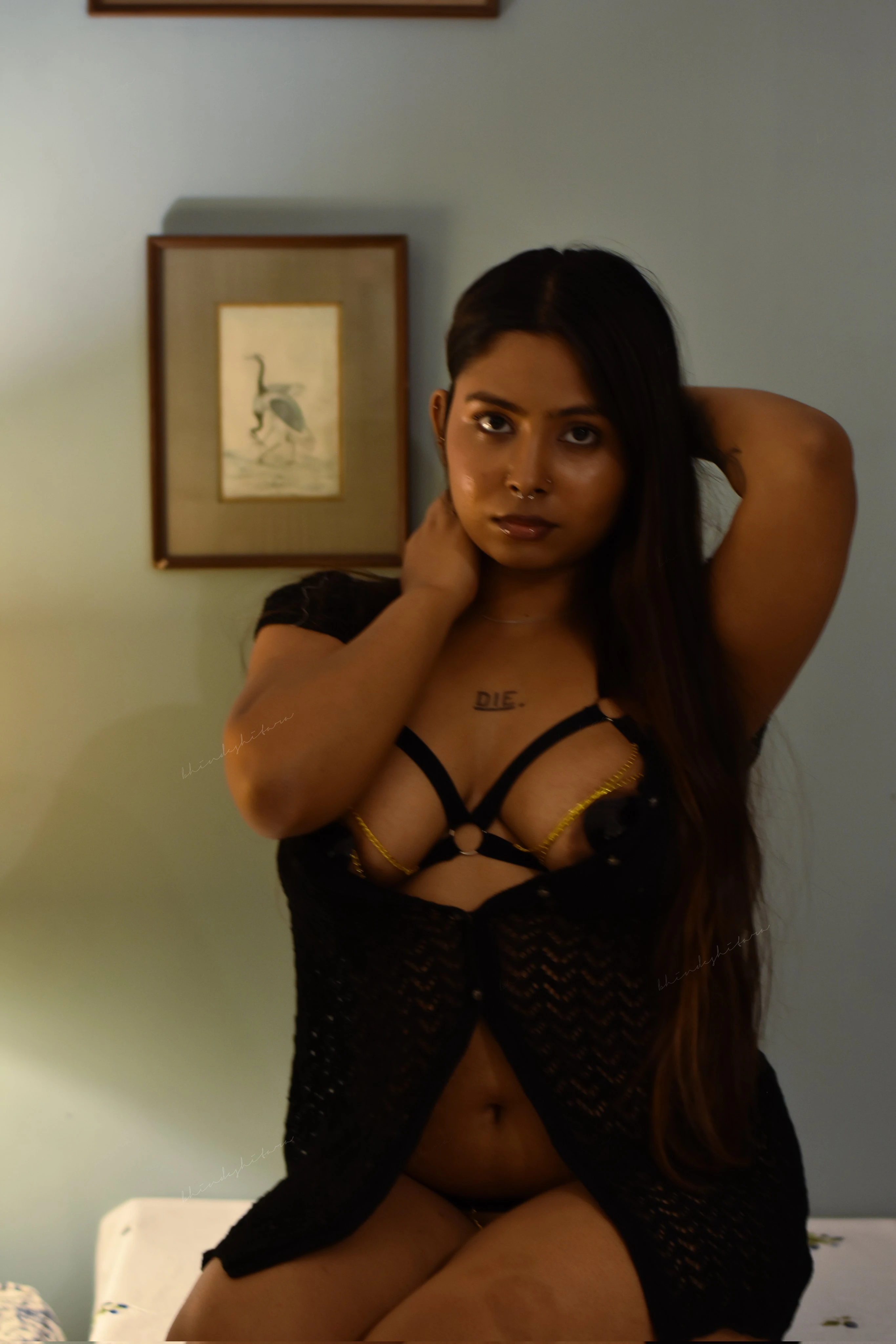 Partially nude Desi model Bhindeshitara in a black harness, showing her full, round breasts with dark pink areolas and erect nipples and her pussy obscured by a thong