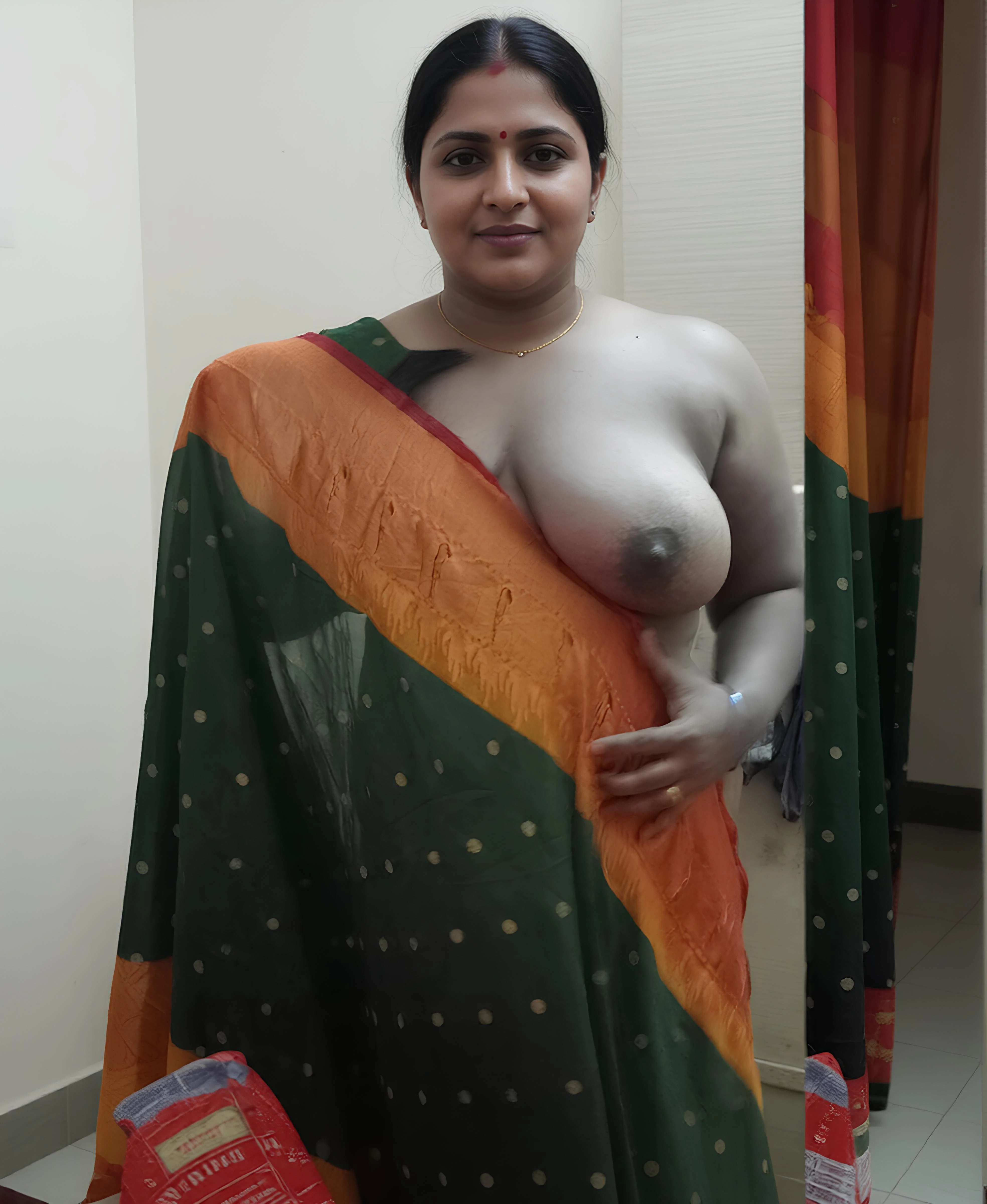 Desi beauty in a braless dark green saree with gold polka dots, her bare breasts fully exposed as she poses with a confident hand on her hip