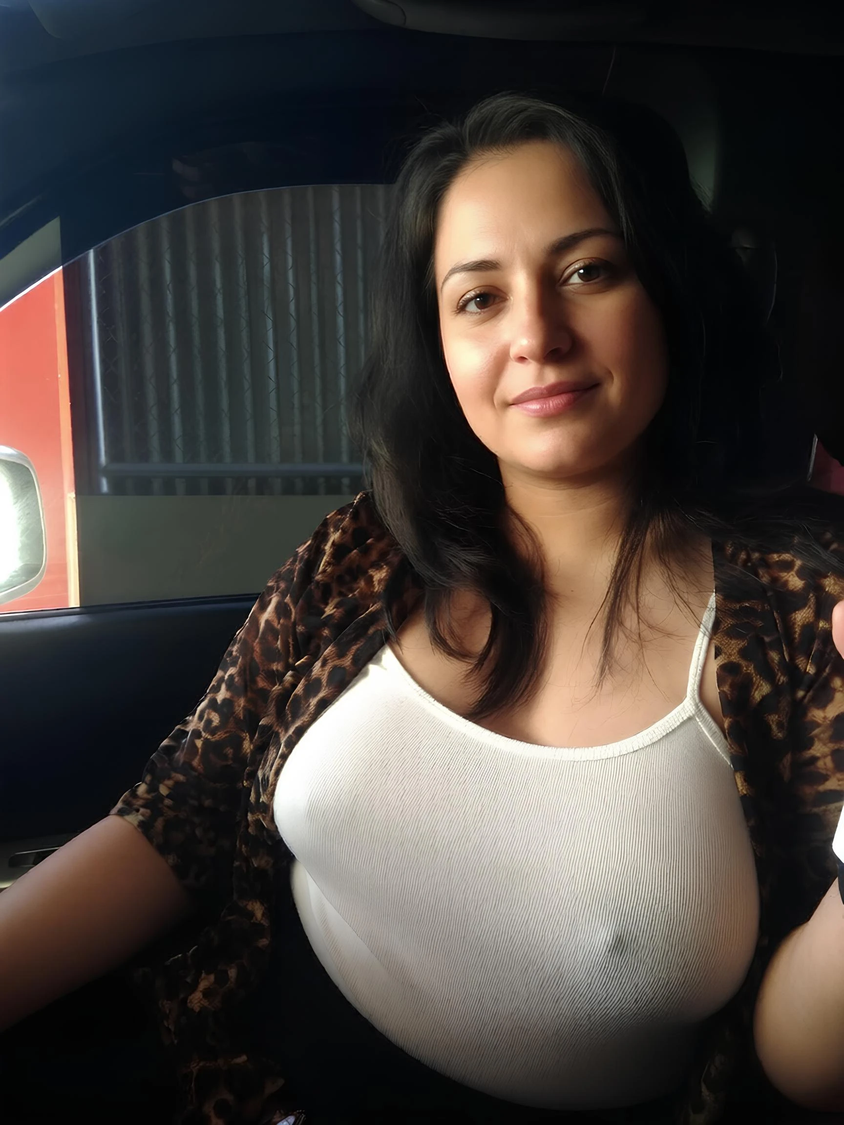 Desi MILF sits in a car wearing a white tank top and leopard print cardigan and showing her big boobs and nipples through it
