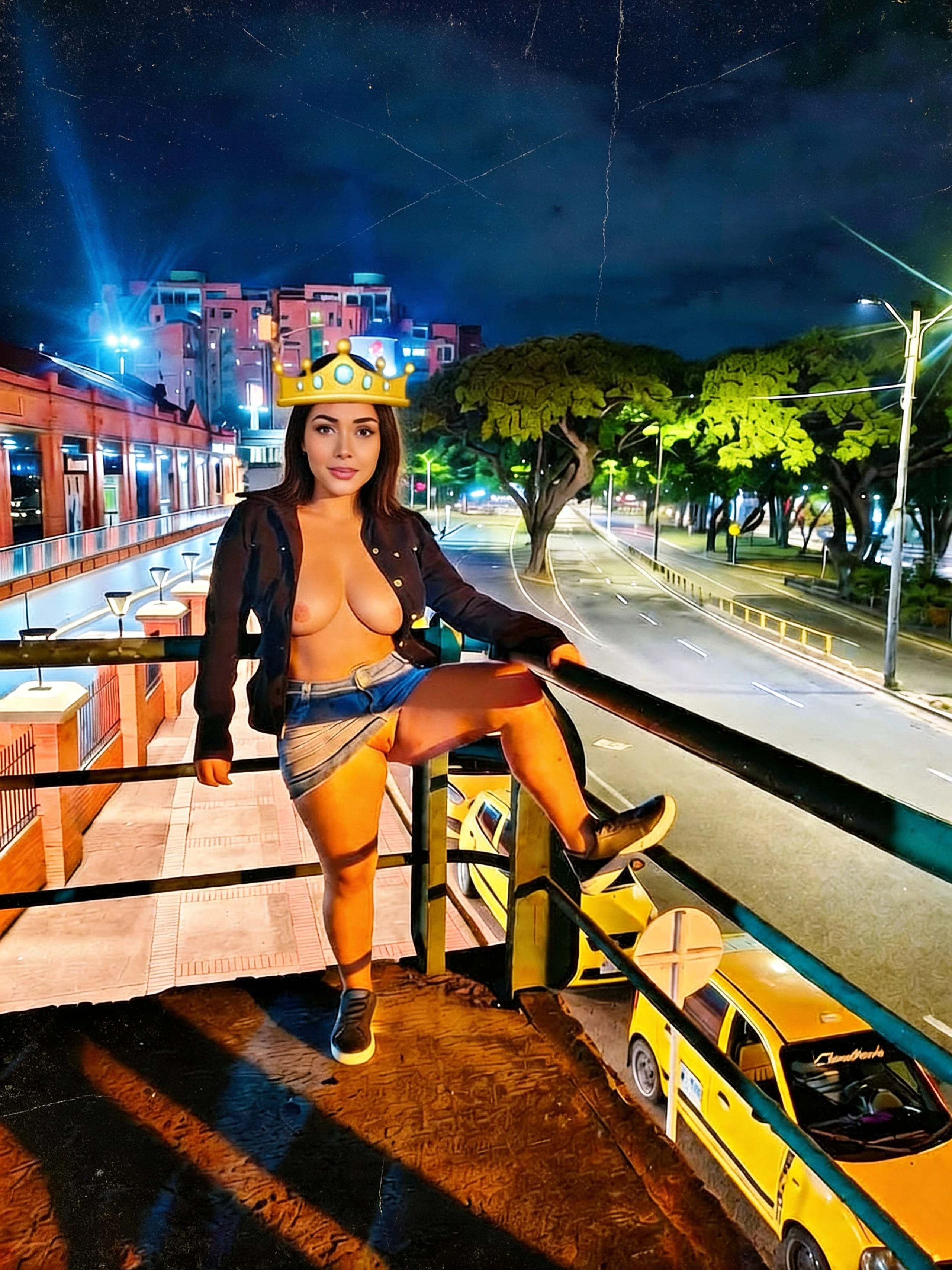 Urban night scene of Latina woman with full breasts and naked pussy on raised platform with bokeh city lights