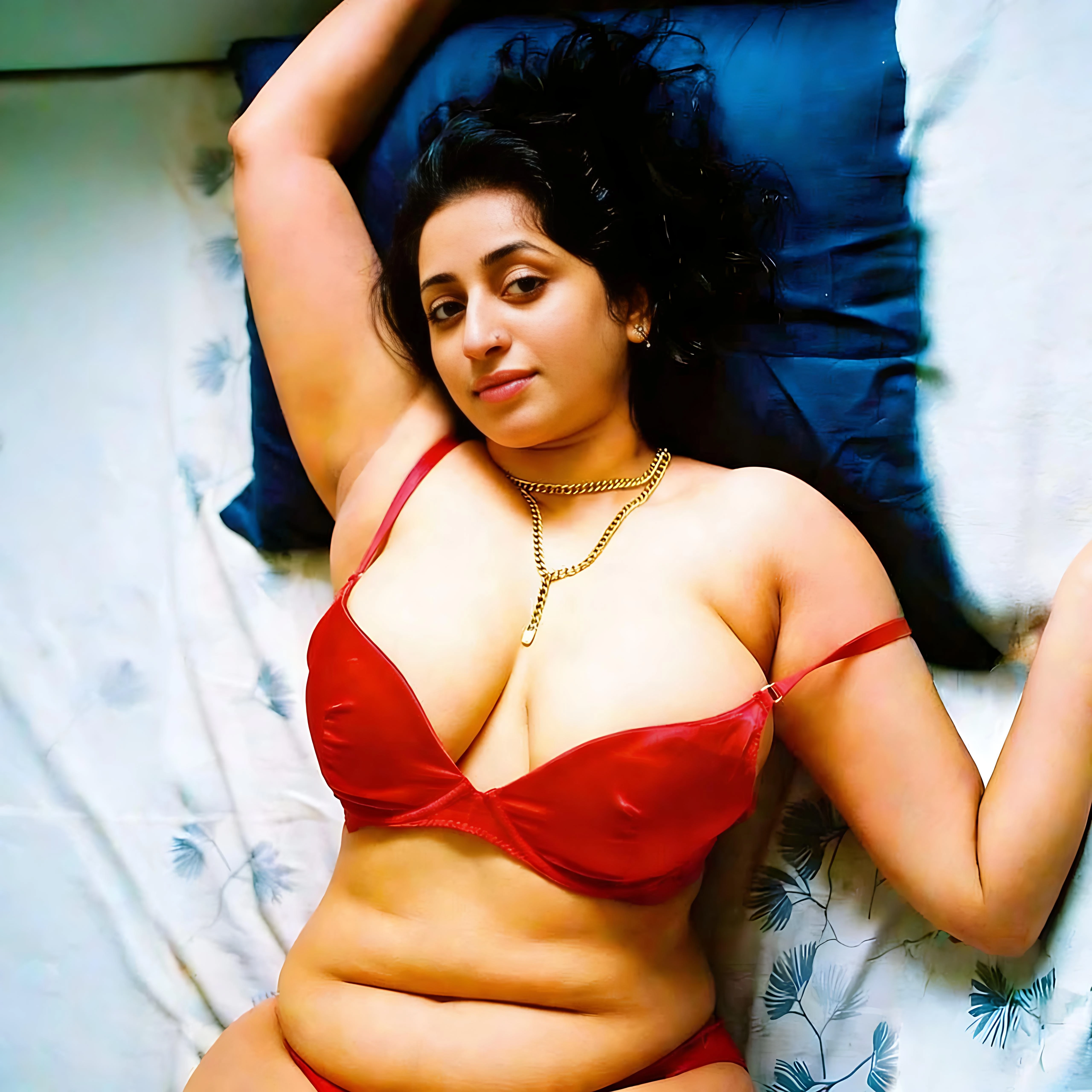 Desi MILF with large full jugs and dark nipples lies back on bed wearing vibrant red bra while displaying gold jewelry