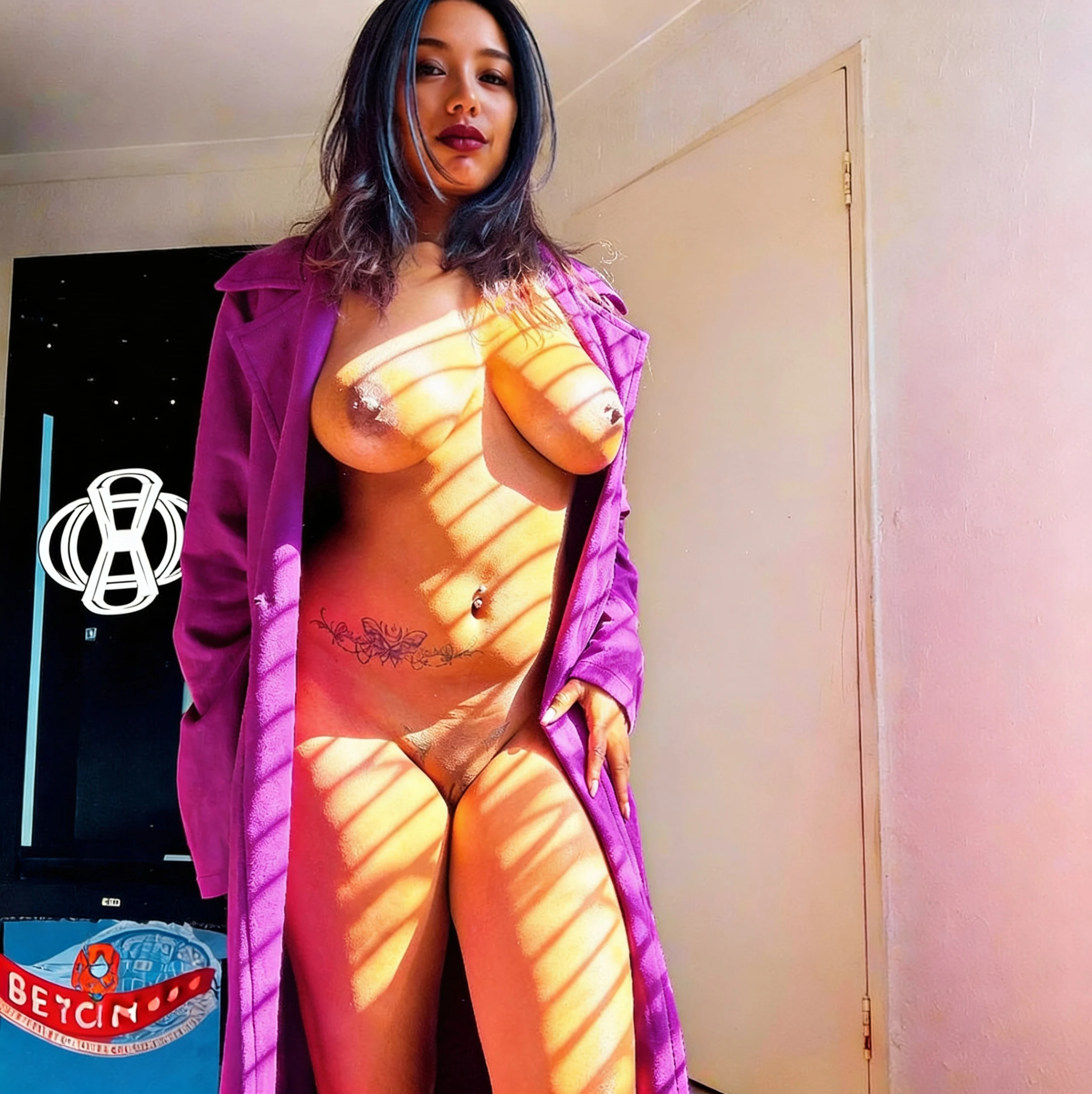 Desi woman with large golden-brown breasts and sparse light fuzz pubic hair stands fully nude in open purple coat while sunlit blinds cast diagonal shadows