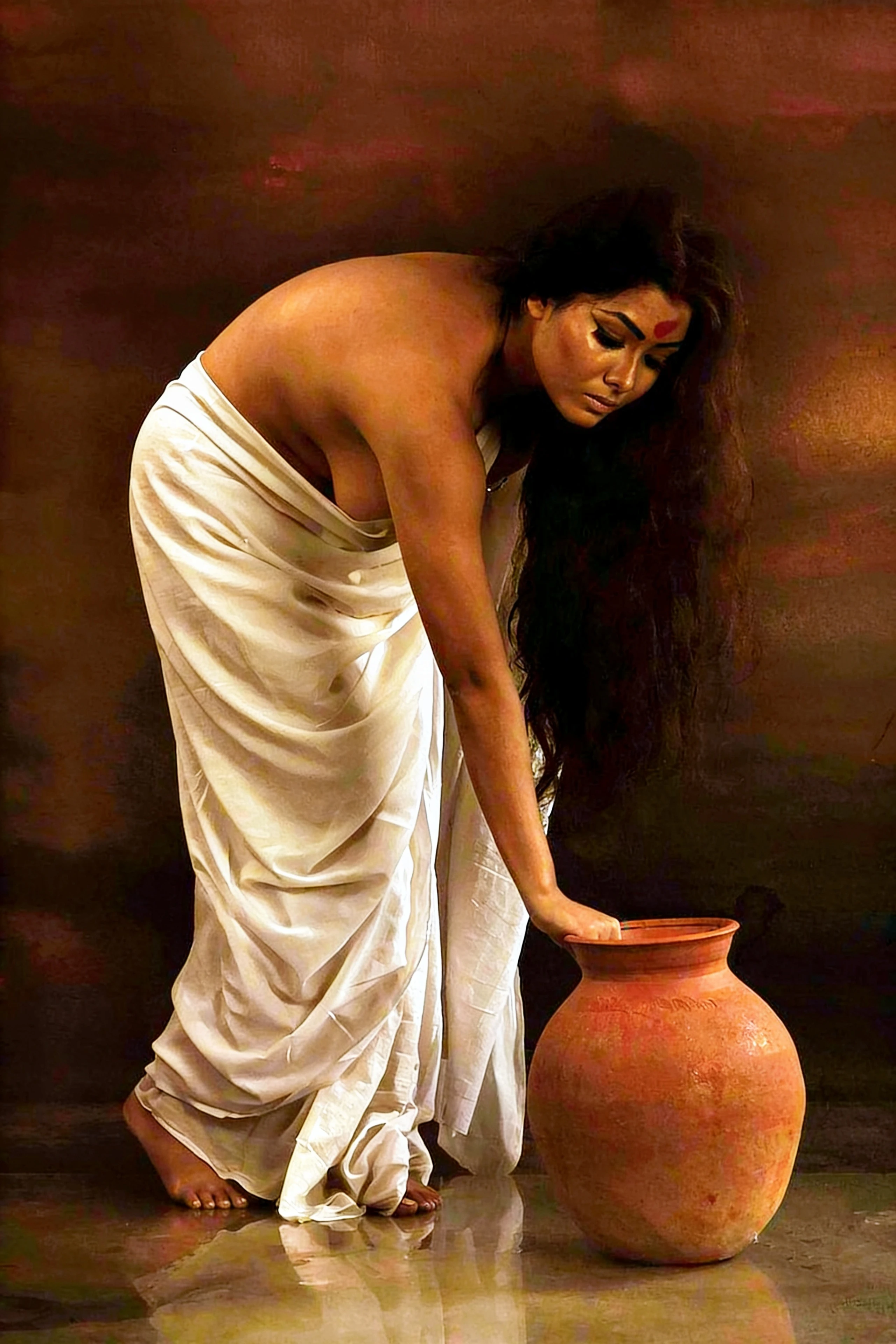 Desi model with large tanned breasts and prominent dark nipples bends forward in white saree while reaching toward terracotta pot on reflective floor
