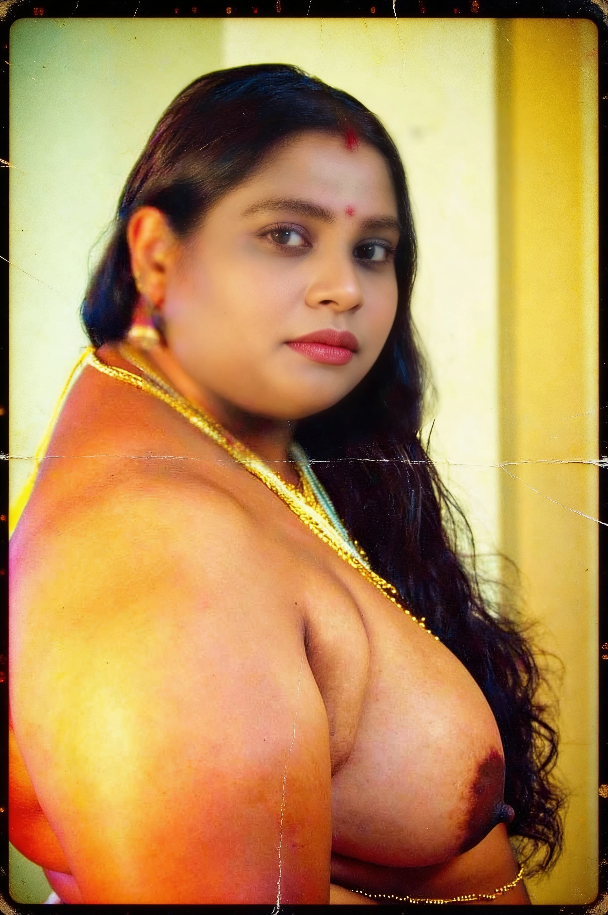 Desi MILF with large sun-kissed jugs and dark nipple stands topless wearing heavy gold chains against yellow-striped wall