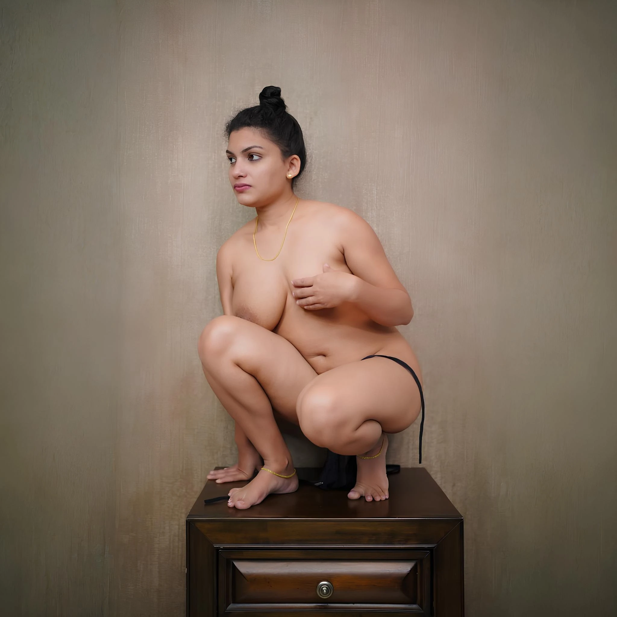 Desi MILF with full round breasts and delicate gold anklets crouches on dark wooden dresser