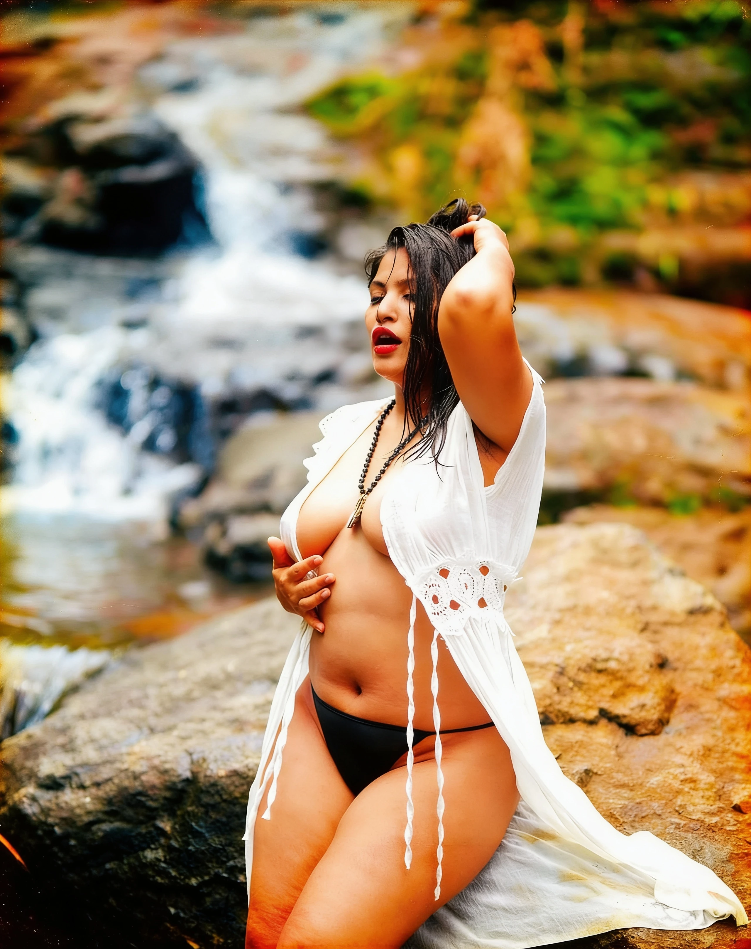 Anjali Gaud with pale full breasts and black thong wearing open white lace robe with beaded necklace near waterfall in natural landscape