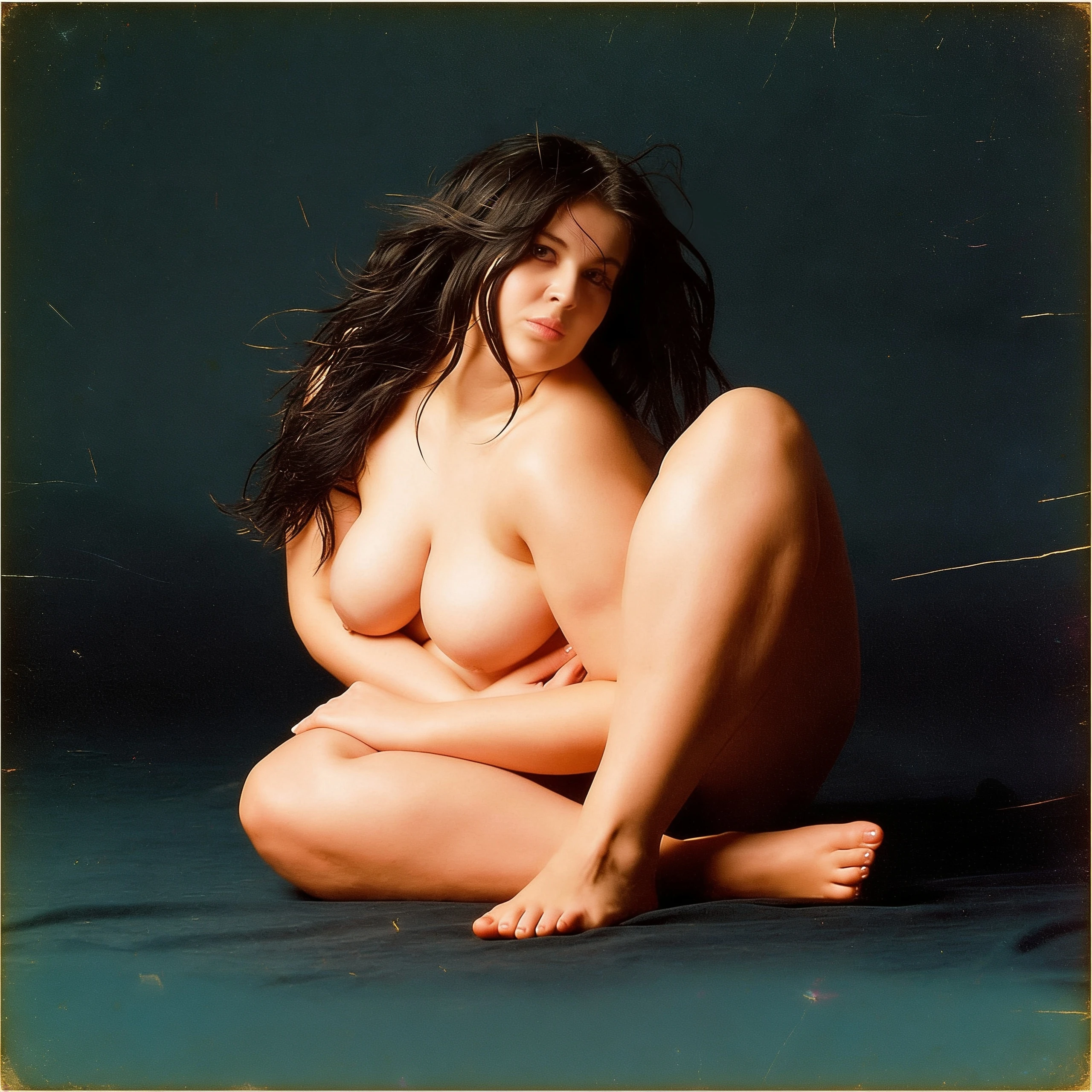 Nude woman with full breasts and light pinkish-brown areolas seated in contorted pose against dark teal backdrop with vintage aesthetic and soft lighting