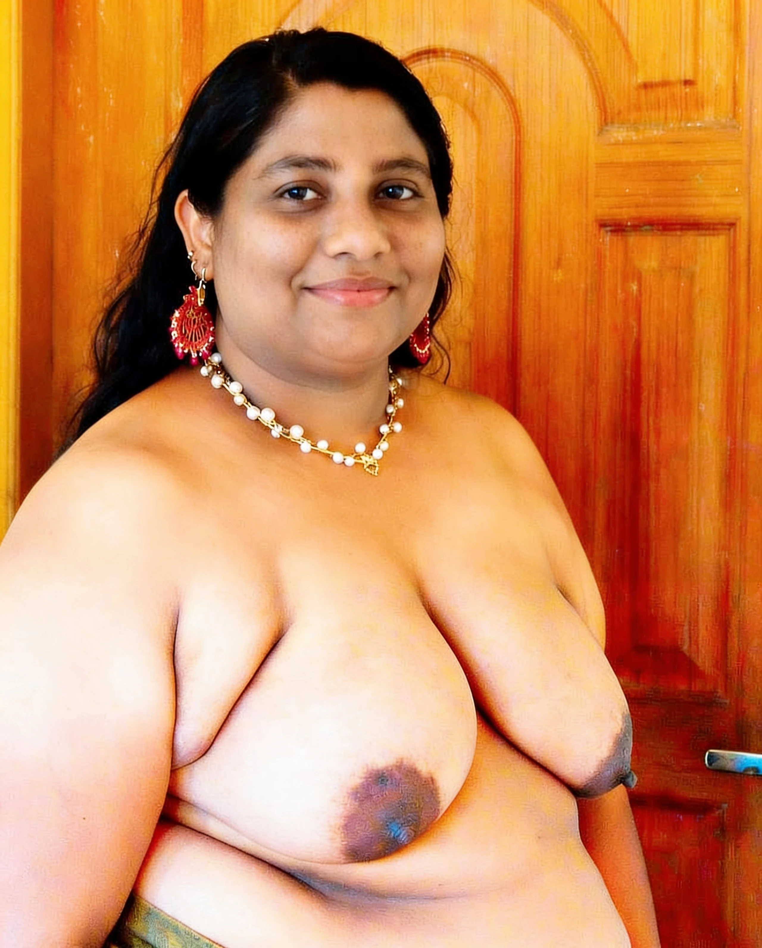 Desi MILF with large pendulous breasts and dark areolas wearing pearl necklace and red ornate earrings against wooden door with direct broad smile