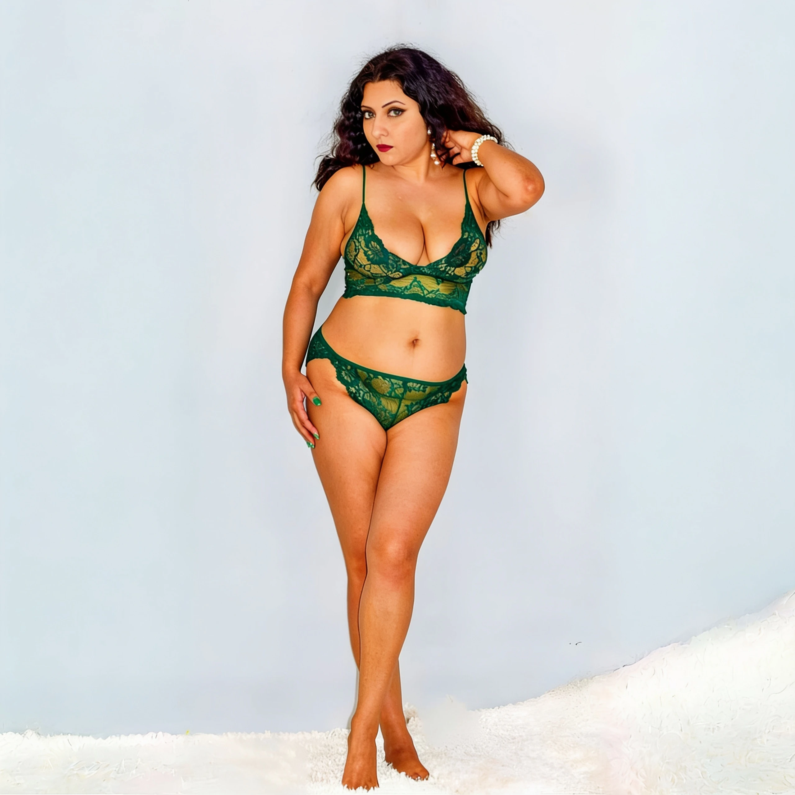 Sumana Sengupta in emerald green lace lingerie set with floral motifs and deep red lipstick posing confidently against light blue background on fluffy white rug