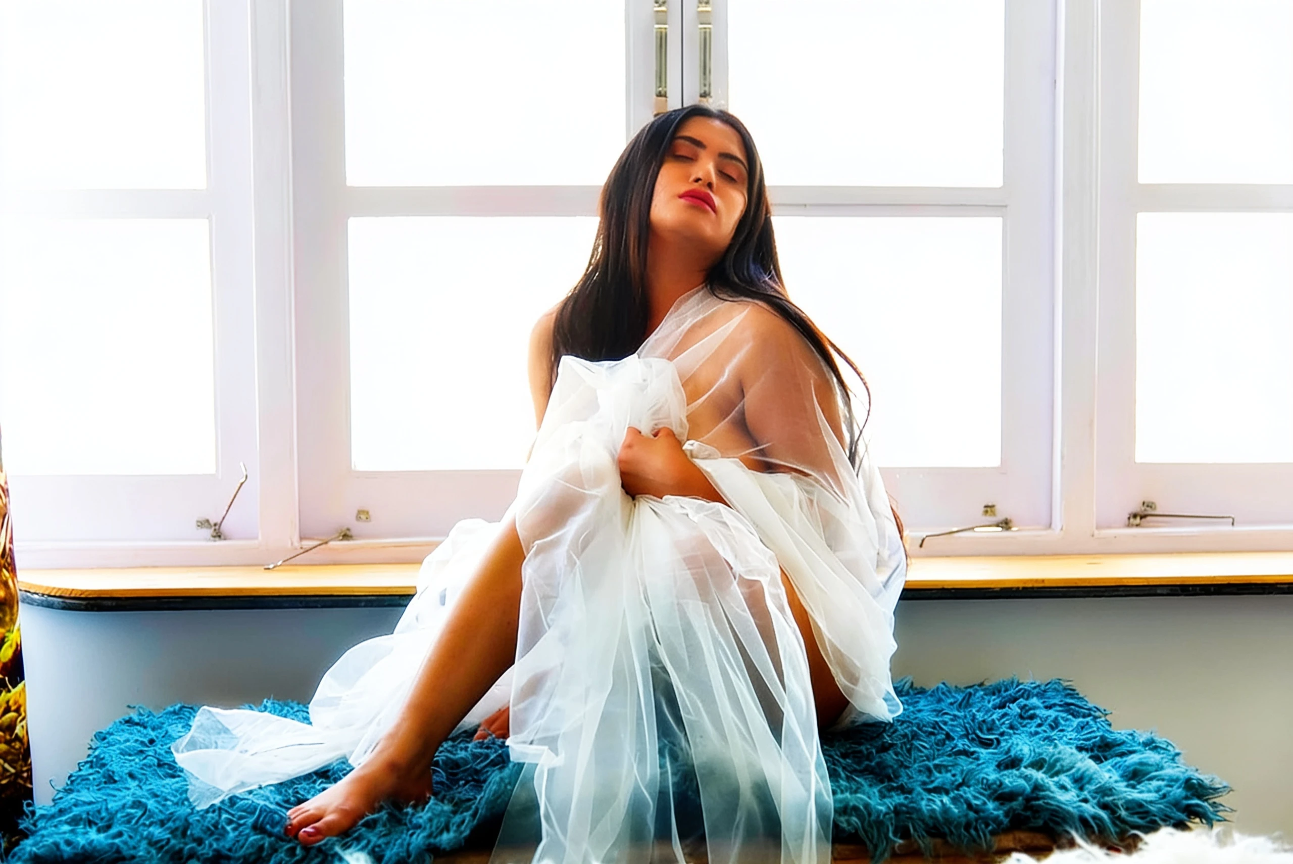 Desi model in white sheer fabric with vibrant pink lips posing by bright window against dark textured surface in dreamlike, introspective pose