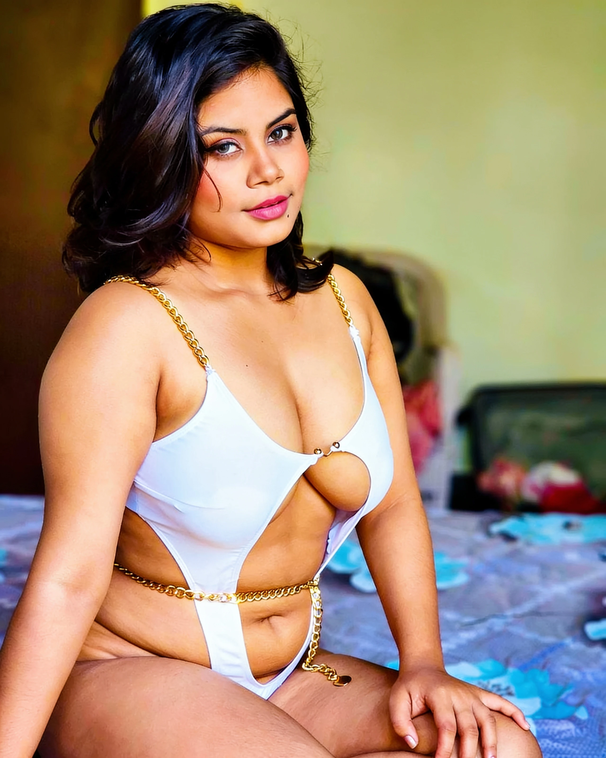 Desi woman with full breasts in white swimsuit with gold chain detailing seated on bed