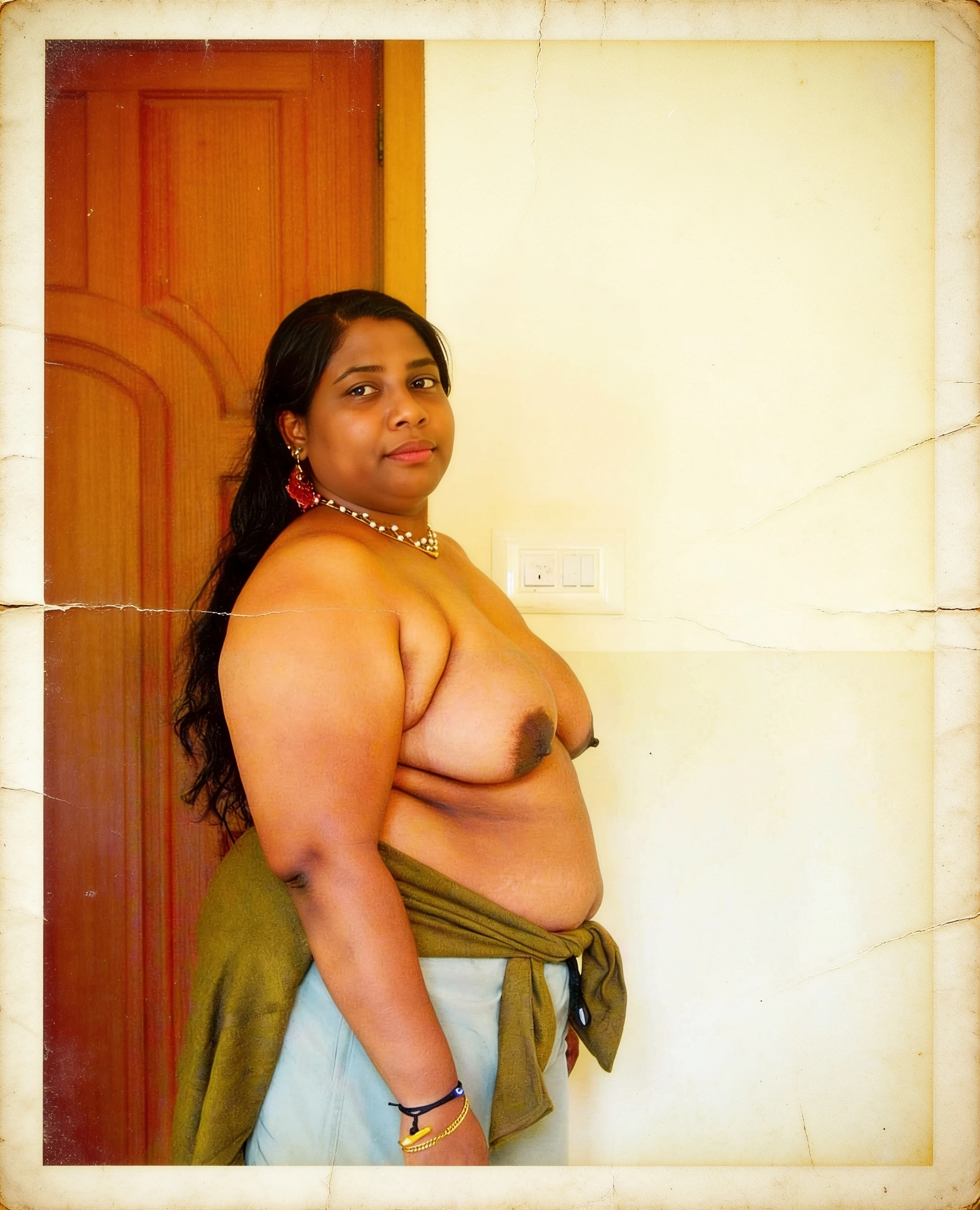 Desi MILF with large pendulous tits wearing pearl necklace and red ornate earrings against wooden door