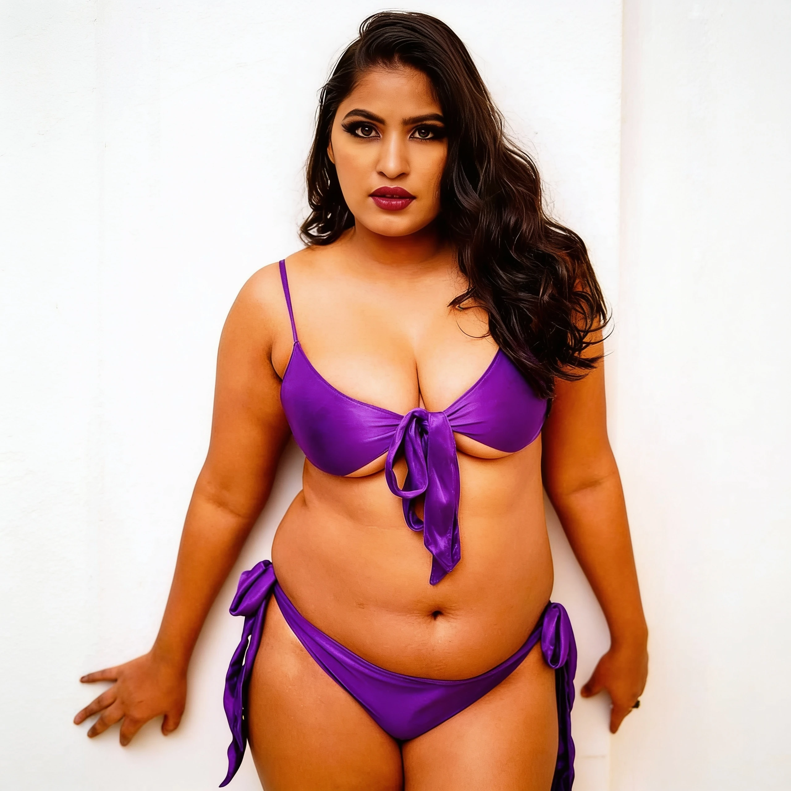 Anjali Gaud with large full breasts, golden brown skin and dark hair poses in a purple bikini against white wall