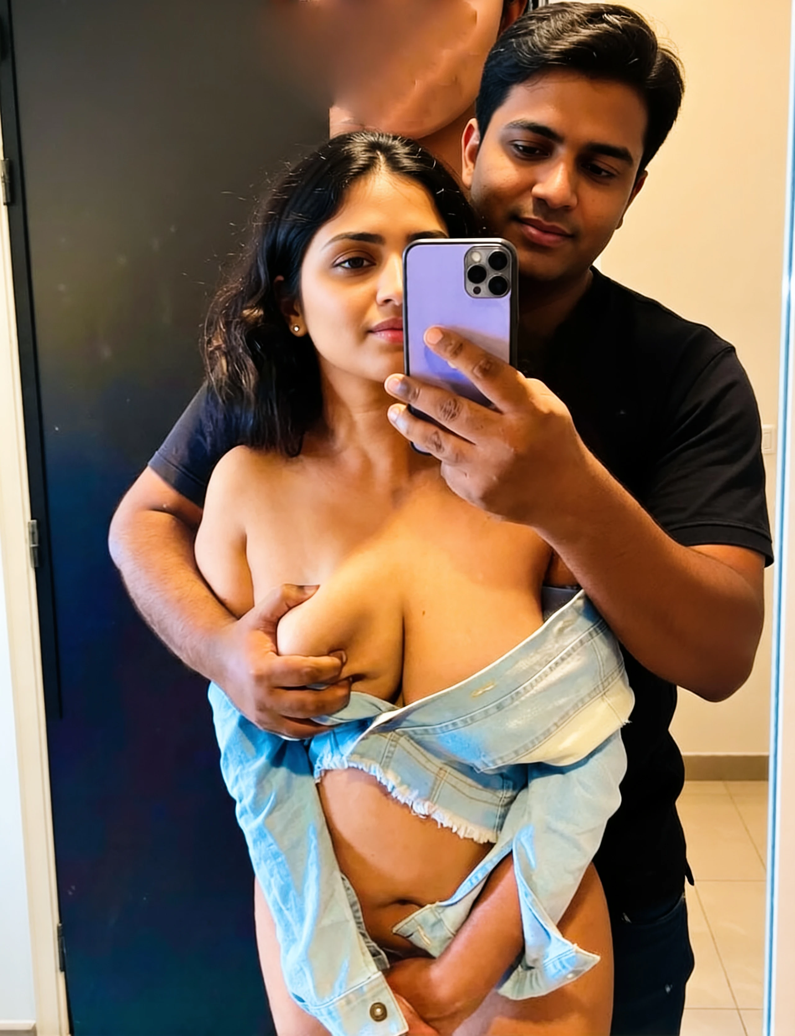 Desi beauty with big breasts and bare pussy gets squeezed by lover in mirror selfie
